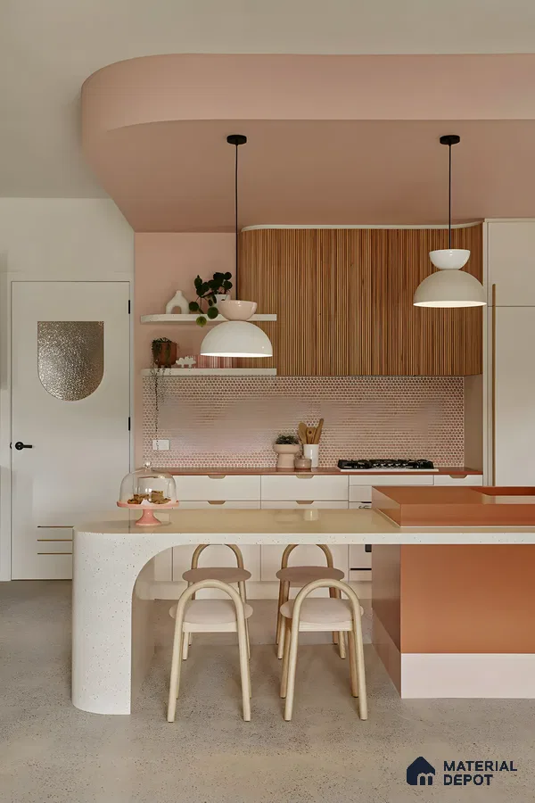 Soft Pink and Curved Elegance: A Contemporary Kitchen Design | Material Depot