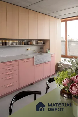 Soft Pink And Oak Kitchen With Stone Texture Countertop | Material Depot