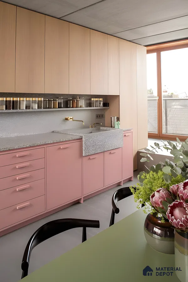 Soft Pink And Oak Kitchen With Stone Texture Countertop | Material Depot