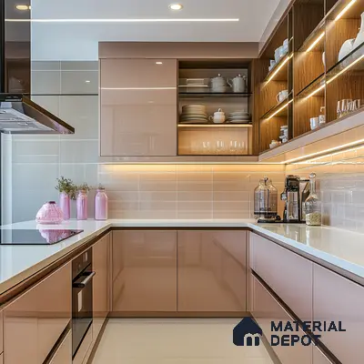 Soft Pink Modern Kitchen with Bright Interior and Reflective Surfaces | Material Depot