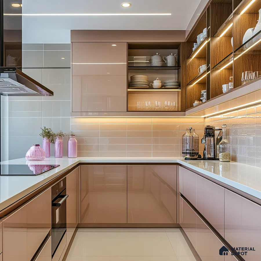 Soft Pink Modern Kitchen with Bright Interior and Reflective Surfaces | Material Depot