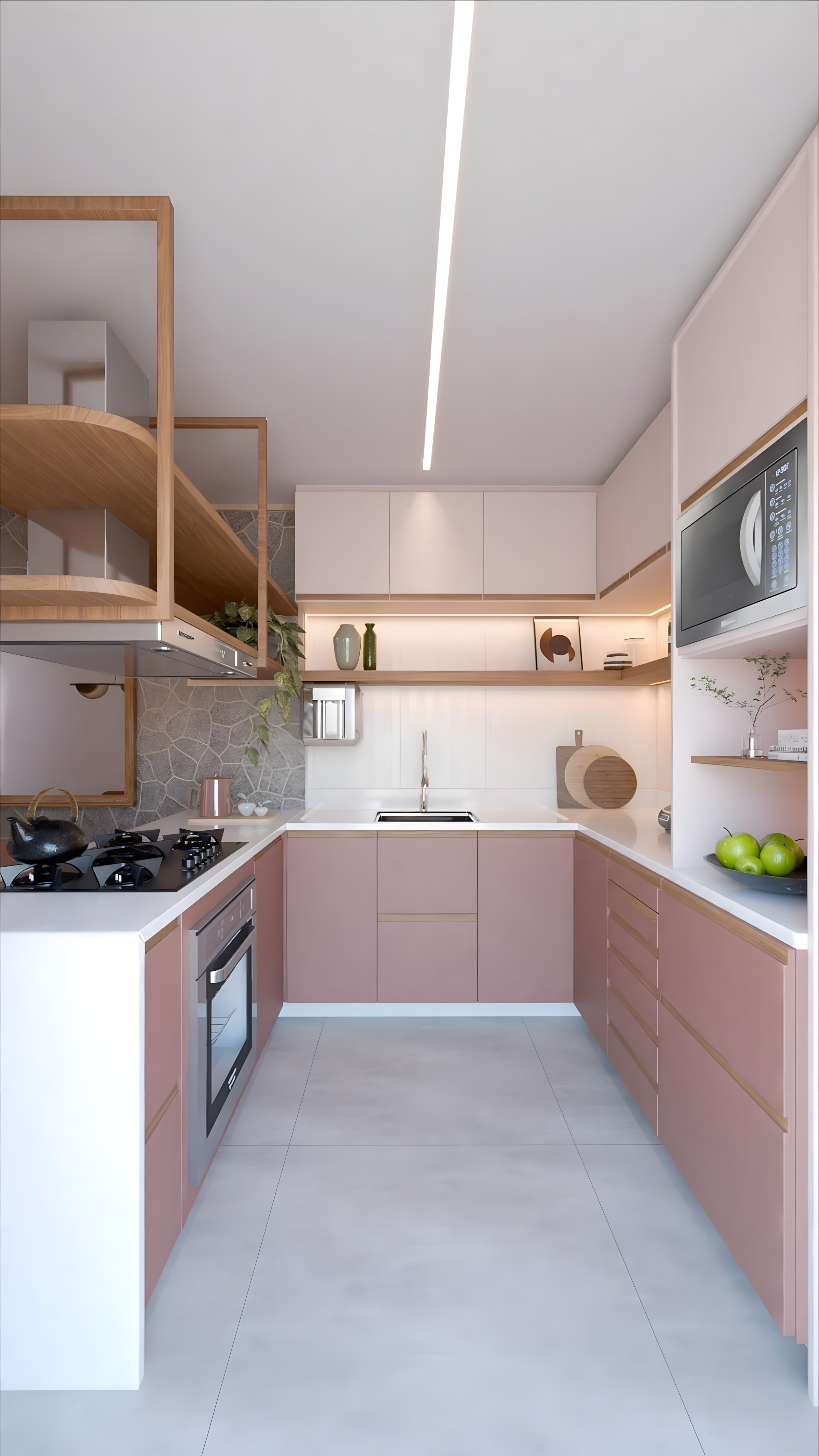 Soft Rose Modular Kitchen With Stone Cladding And Minimal Brass Detailing | Material Depot