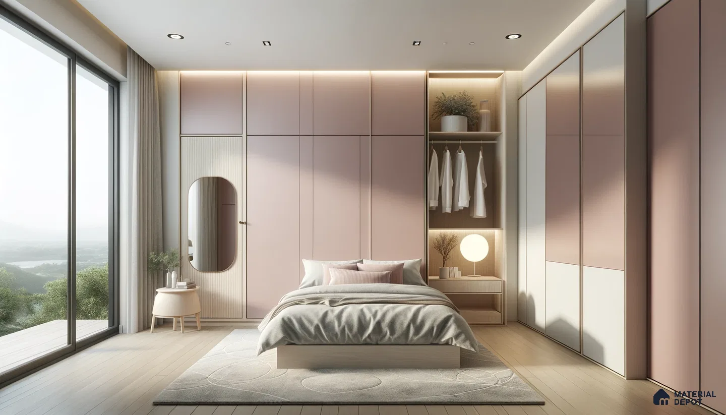 Soft Rosy Hues Infuse Tranquility in Spacious Modern Bedroom | Material Depot