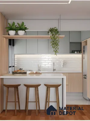 Soft Sage And Oak Modern Kitchen With White Subway Tile Backsplash | Material Depot