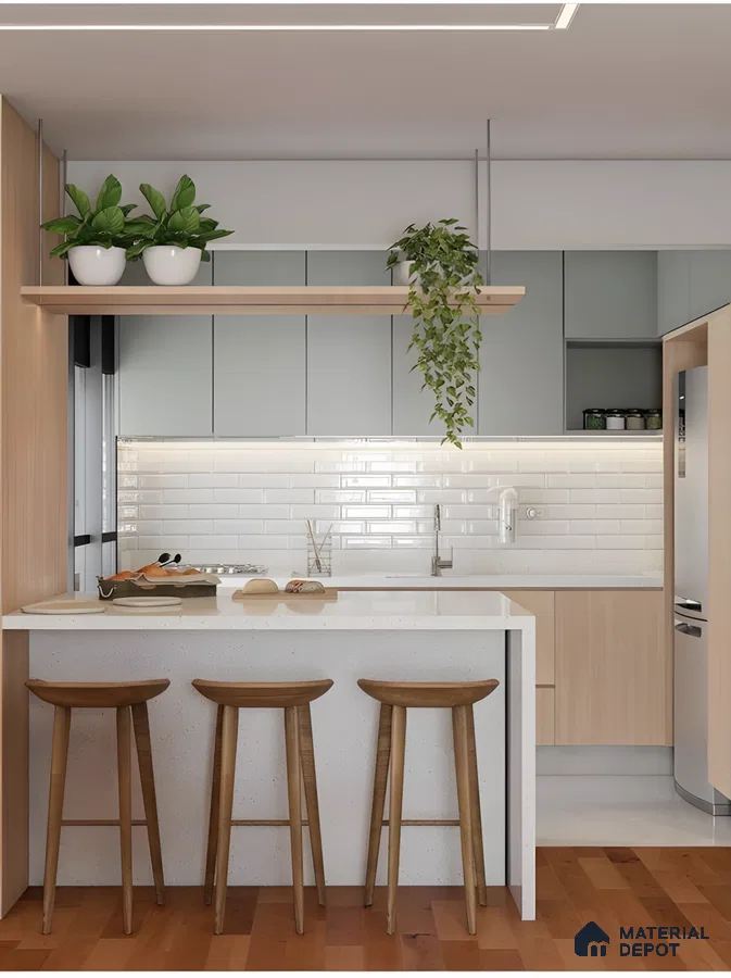 Soft Sage And Oak Modern Kitchen With White Subway Tile Backsplash | Material Depot