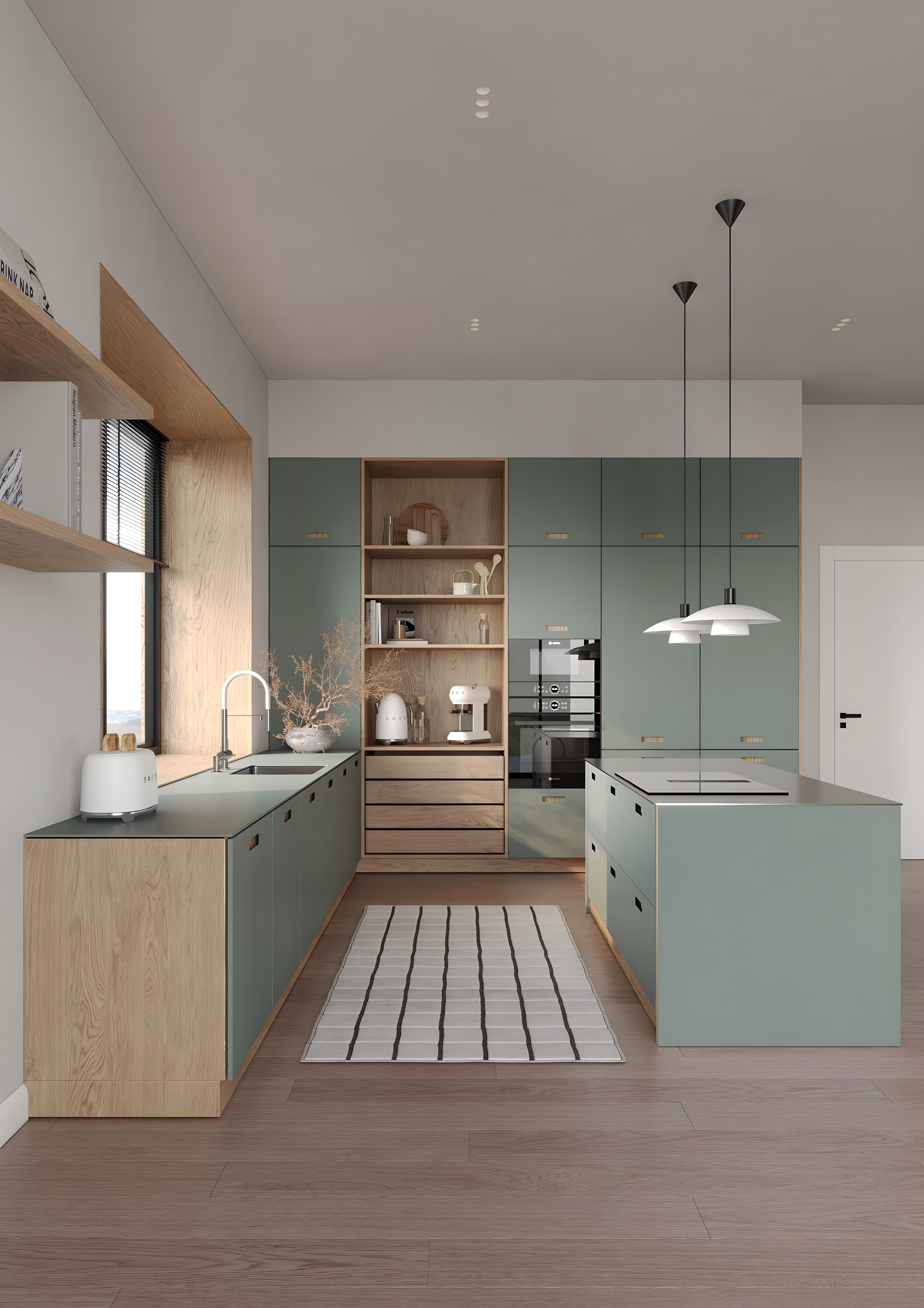 Soft Sage And Wood Harmony In A Modern U-Shaped Kitchen | Material Depot