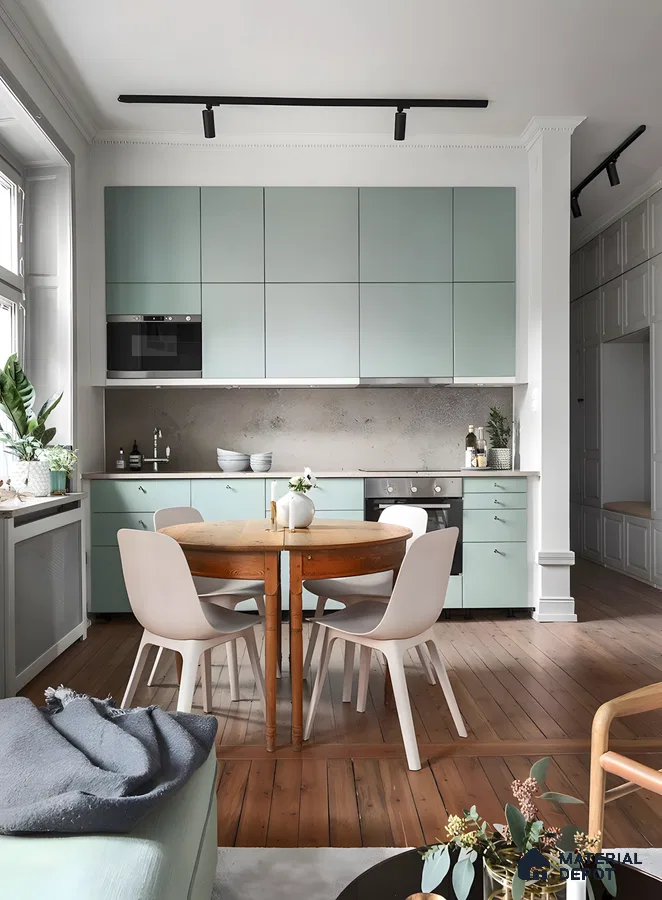 Soft Sage Kitchen With Warm Wood Accents And Cozy Dining | Material Depot