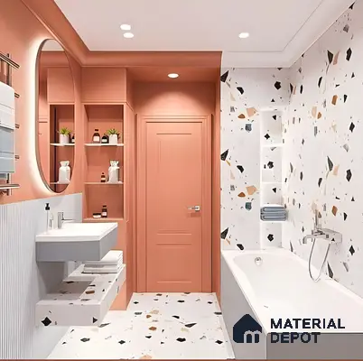 Soft Terracotta Walls Paired with Vibrant Terrazzo Tiles for a Modern Bathroom Look | Material Depot