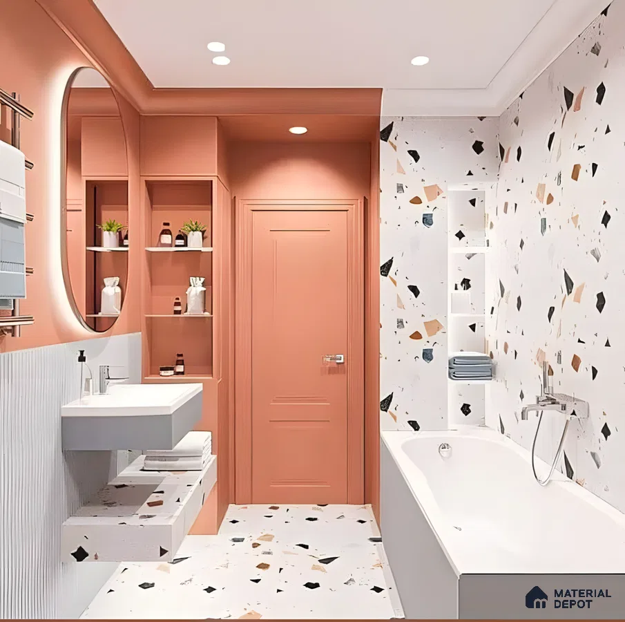 Soft Terracotta Walls Paired with Vibrant Terrazzo Tiles for a Modern Bathroom Look | Material Depot