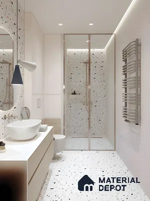 Soft Terrazzo Bathroom With Seamless Shower Design And Light Wood Vanity | Material Depot