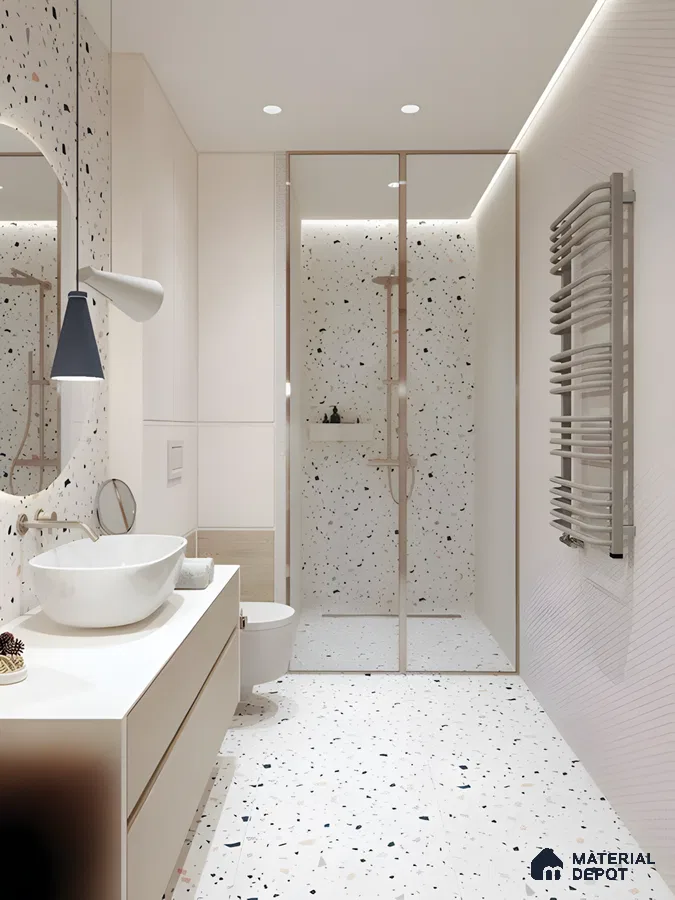 Soft Terrazzo Bathroom With Seamless Shower Design And Light Wood Vanity | Material Depot