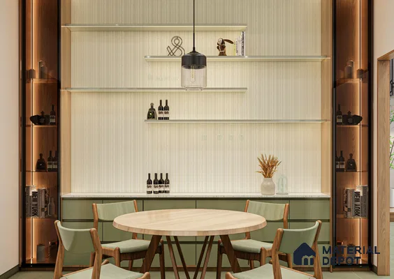 Soft-Toned Bar Nook with Cream Louvers and Glass Display Shelves | Material Depot
