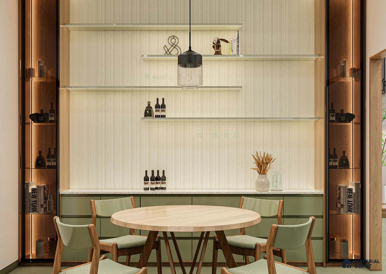 Soft-Toned Bar Nook with Cream Louvers and Glass Display Shelves | Material Depot