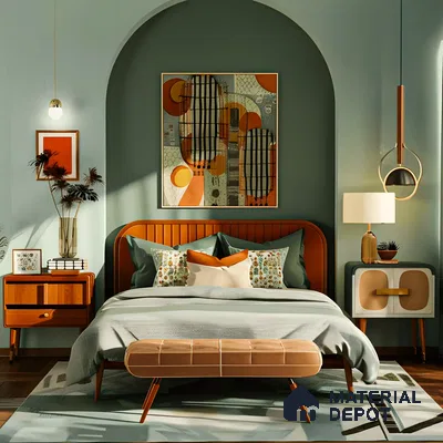 Soft Toned Upholstered Bed And Geometric Decor | Material Depot