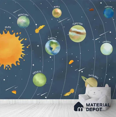 A close-up of a Solar System Space Wallpaper for Children Room Decor Sparkla N Shine Series Space Design (Customised Size Wallpaper) with a finish available at Material Depot in Bangalore