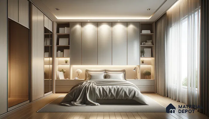 Soothing Bedroom Sanctuary with Harmonious Design and Soft Illumination | Material Depot