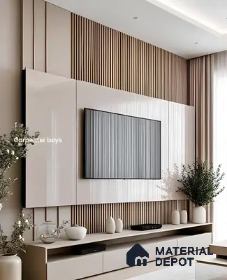 Soothing Beige Gloss Panel And Fluted Wall Tv Unit With Soft Natural Decor | Material Depot