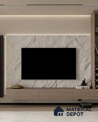 Soothing Beige Gloss Panel And Fluted Wall Tv Unit With Soft Natural Decor | Material Depot
