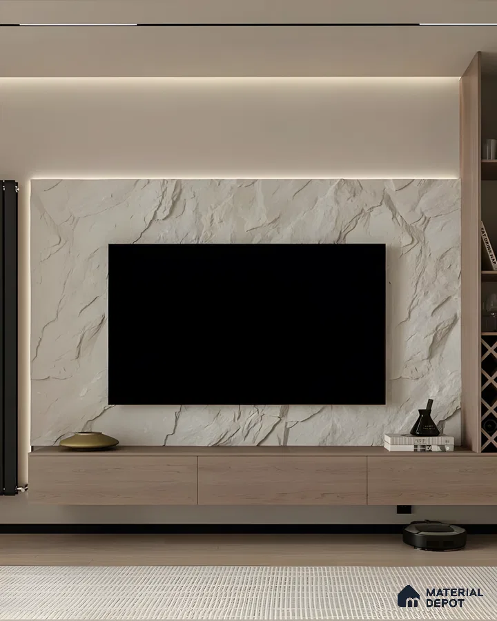 Soothing Beige Gloss Panel And Fluted Wall Tv Unit With Soft Natural Decor | Material Depot