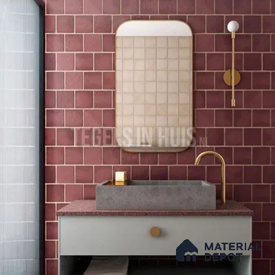 Sophisticated Bathroom with Warm Burgundy Tiles and Contemporary Fixtures | Material Depot
