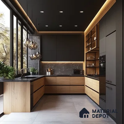 Sophisticated Black and Wood Kitchen with Scenic Views | Material Depot