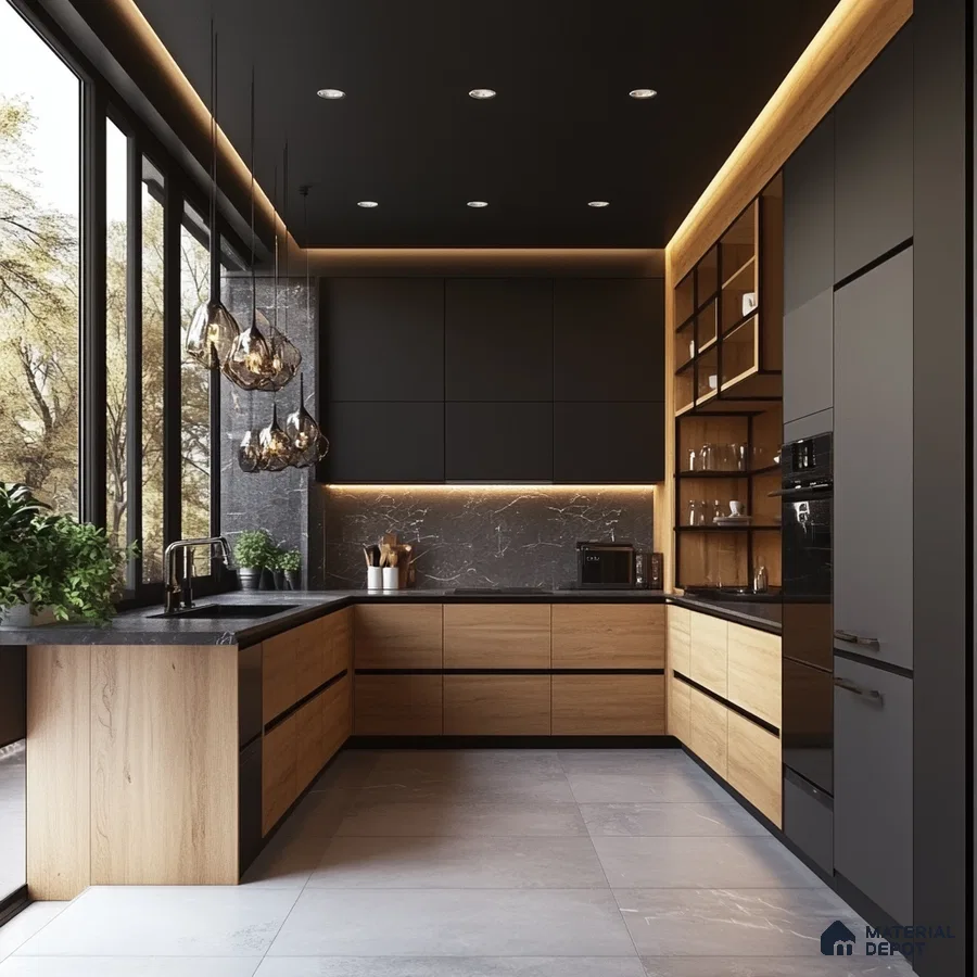 Sophisticated Black and Wood Kitchen with Scenic Views | Material Depot