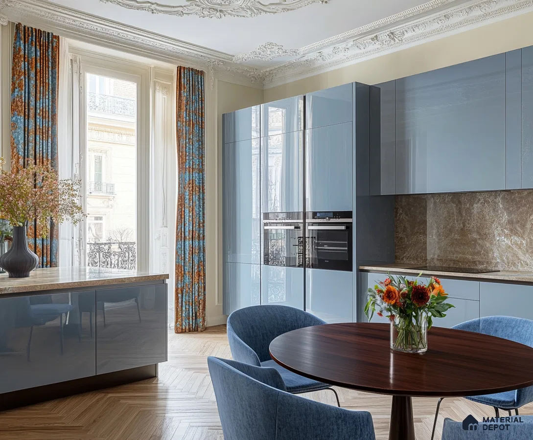 Sophisticated Blue Kitchen in Classical Setting with Elegant Marble Backsplash | Material Depot