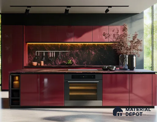 Sophisticated Burgundy Glossy Solid Laminate Kitchen with Black Marble Accents | Material Depot