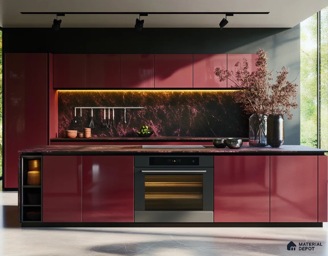 Sophisticated Burgundy Glossy Solid Laminate Kitchen with Black Marble Accents | Material Depot