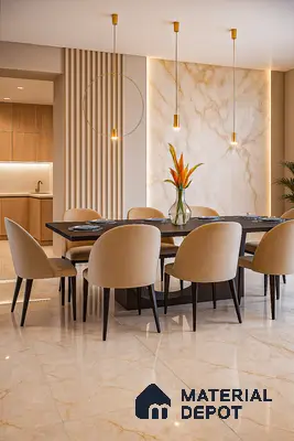 Sophisticated Dining Space with Beige Palette, Marble Textures & Minimal Gold Accents | Material Depot