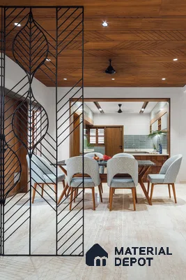 Sophisticated Dining Space with Intricate Metal Divider | Material Depot