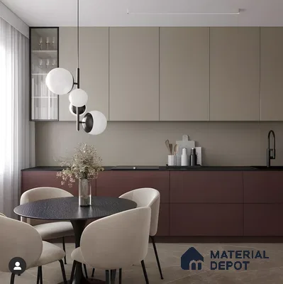 Sophisticated Dual-Tone Kitchen In Taupe And Wine Red With Minimalist Dining Setup | Material Depot
