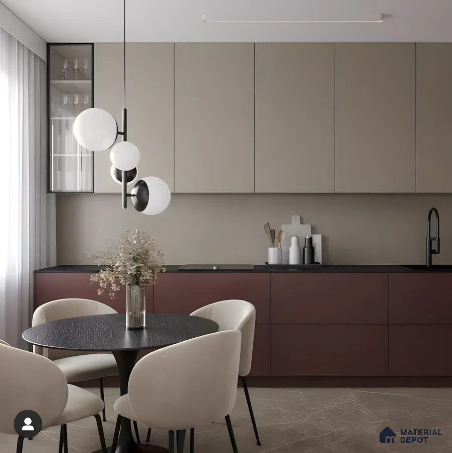 Sophisticated Dual-Tone Kitchen In Taupe And Wine Red With Minimalist Dining Setup | Material Depot