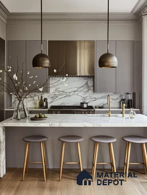 Sophisticated Gray and Marble Kitchen with Classic Design Elements and Brass Accents | Material Depot