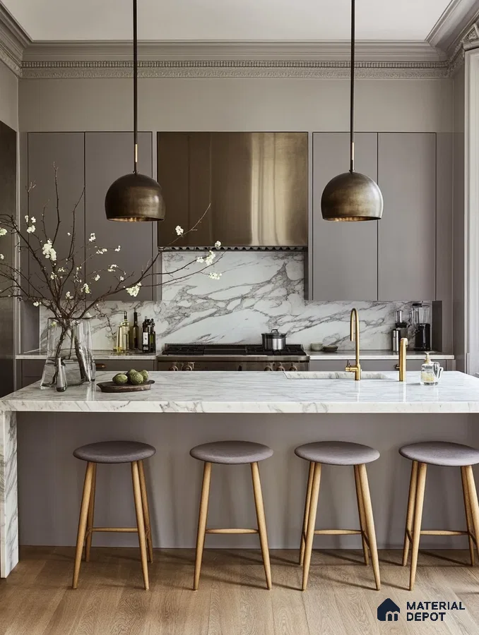 Sophisticated Gray and Marble Kitchen with Classic Design Elements and Brass Accents | Material Depot