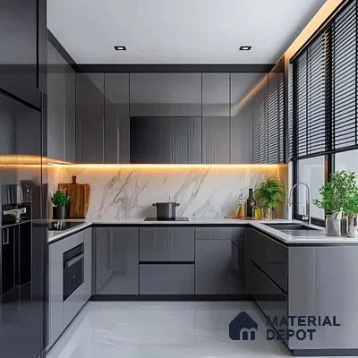 Sophisticated Gray Kitchen with Stylish Wood Accents and Functional Features | Material Depot