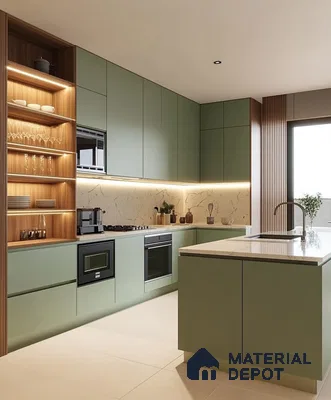 Sophisticated Green Kitchen with Wood and Marble Accents | Material Depot