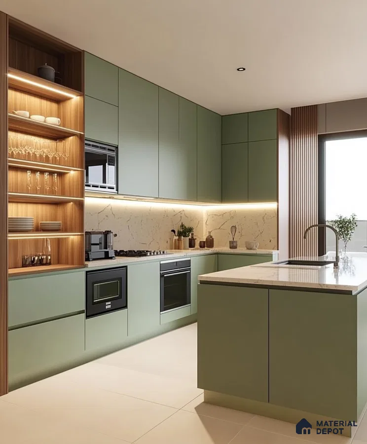 Sophisticated Green Kitchen with Wood and Marble Accents | Material Depot