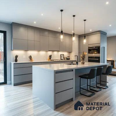 Sophisticated Grey: A Modern Kitchen's Sleek Design Featuring Stylish Island and Pendant Lighting | Material Depot