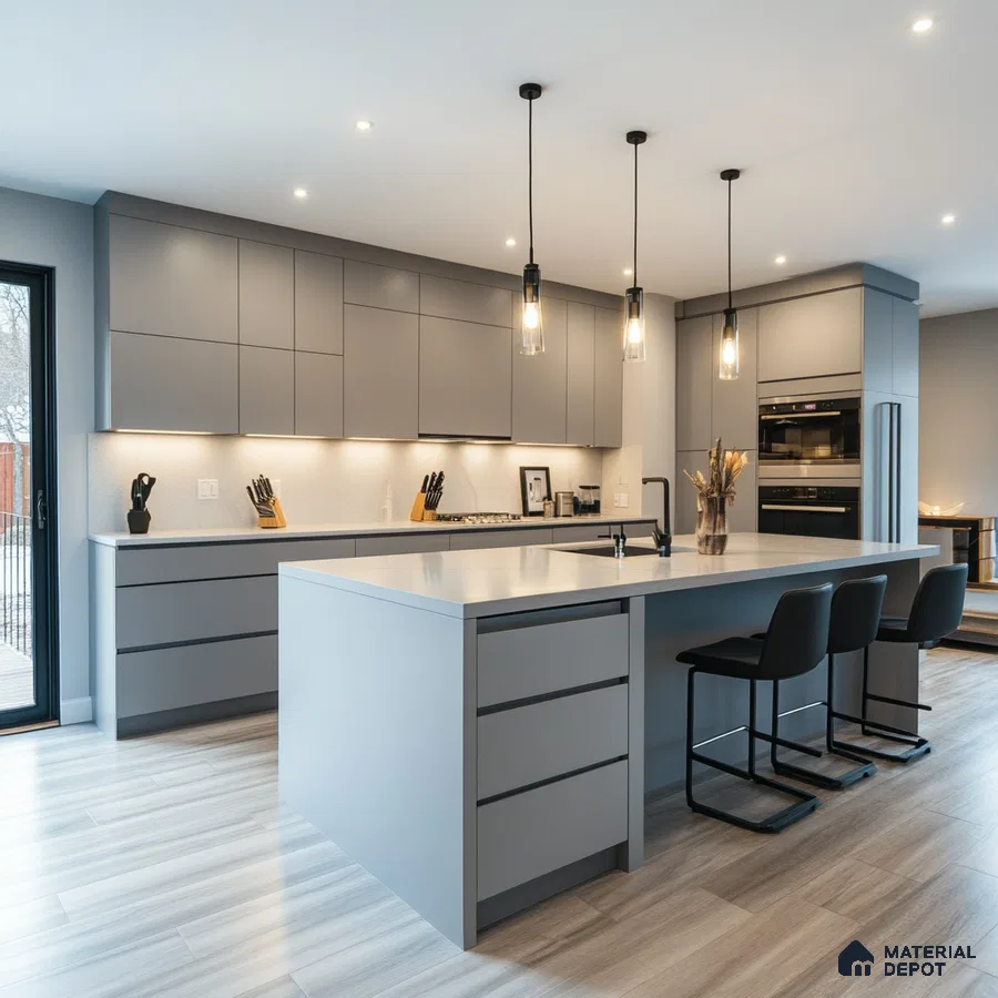 Sophisticated Grey: A Modern Kitchen's Sleek Design Featuring Stylish Island and Pendant Lighting | Material Depot