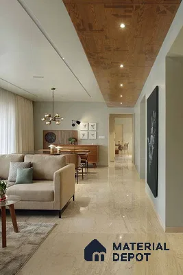 Sophisticated Hallway with Rich Wooden Ceiling and Polished Marble Floors | Material Depot