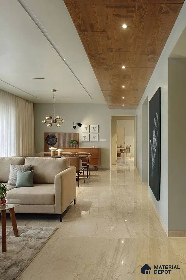 Sophisticated Hallway with Rich Wooden Ceiling and Polished Marble Floors | Material Depot