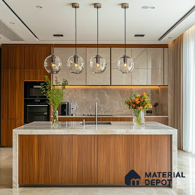 Sophisticated Harmony: Luxurious Kitchen Blend of Natural Wood and Elegant Glass Pendants | Material Depot