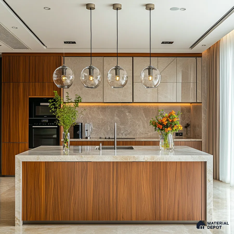 Sophisticated Harmony: Luxurious Kitchen Blend of Natural Wood and Elegant Glass Pendants | Material Depot