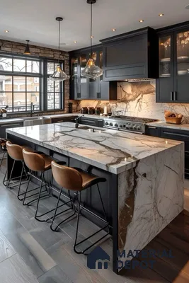 Sophisticated Industrial Kitchen with Dramatic Marble Island | Material Depot