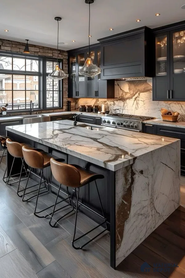 Sophisticated Industrial Kitchen with Dramatic Marble Island | Material Depot