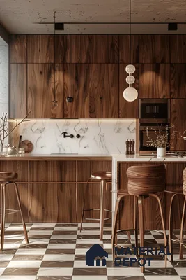 Sophisticated Kitchen Bar with Walnut Wood Finish and Marble Accents | Material Depot