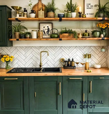 Sophisticated Kitchen With Dark Green Laminates | Material Depot
