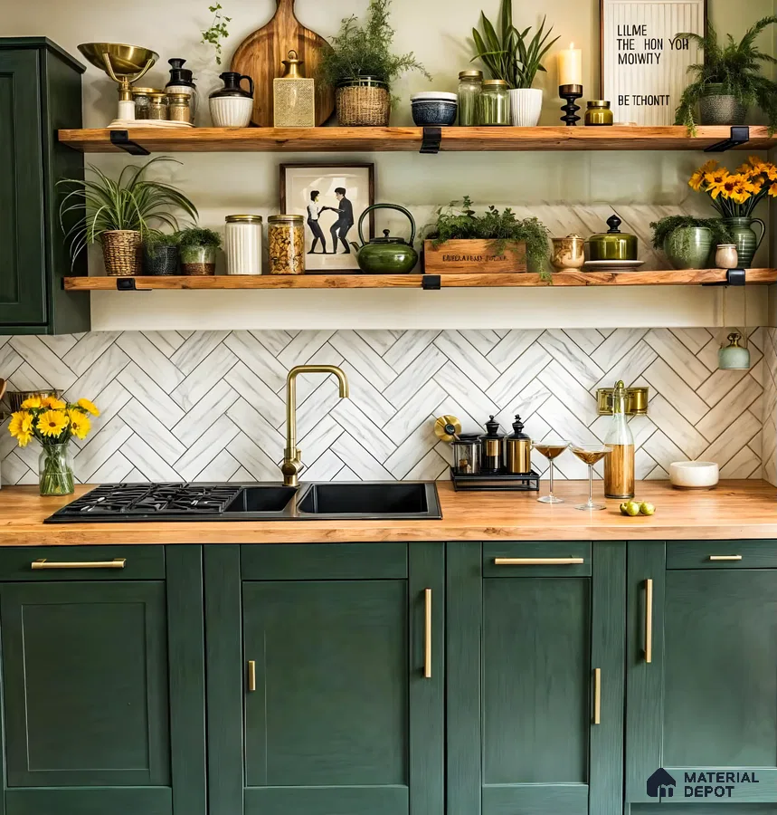 Sophisticated Kitchen With Dark Green Laminates | Material Depot