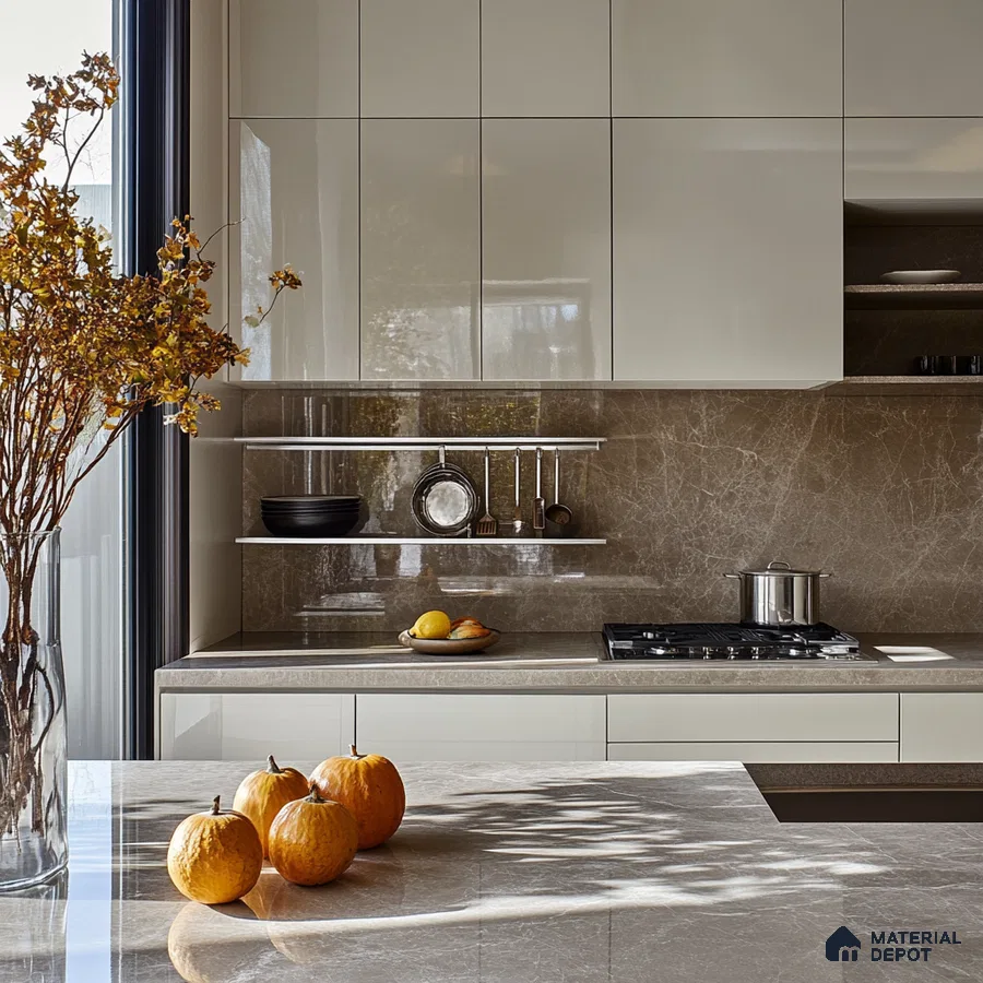 Sophisticated Kitchen with Elegant Marble Highlights and Modern Design | Material Depot
